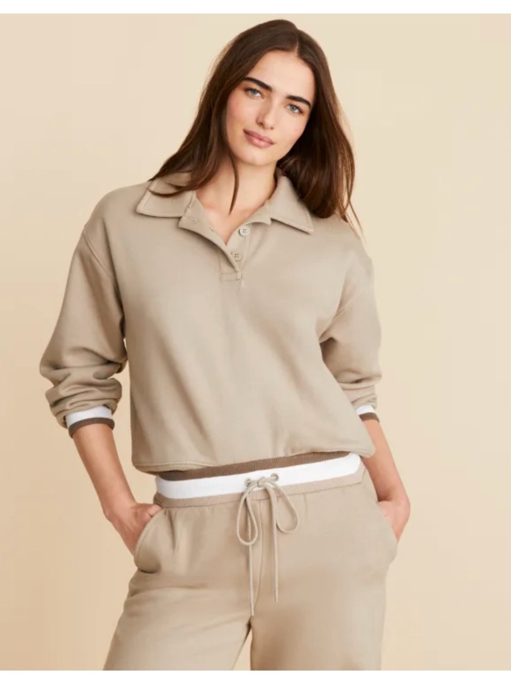 Loft Lou & Grey Fleece Polo Top in Pebble Khaki